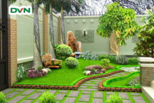 sân vườn tiểu cảnh bằng cỏ nhân tạo DVN